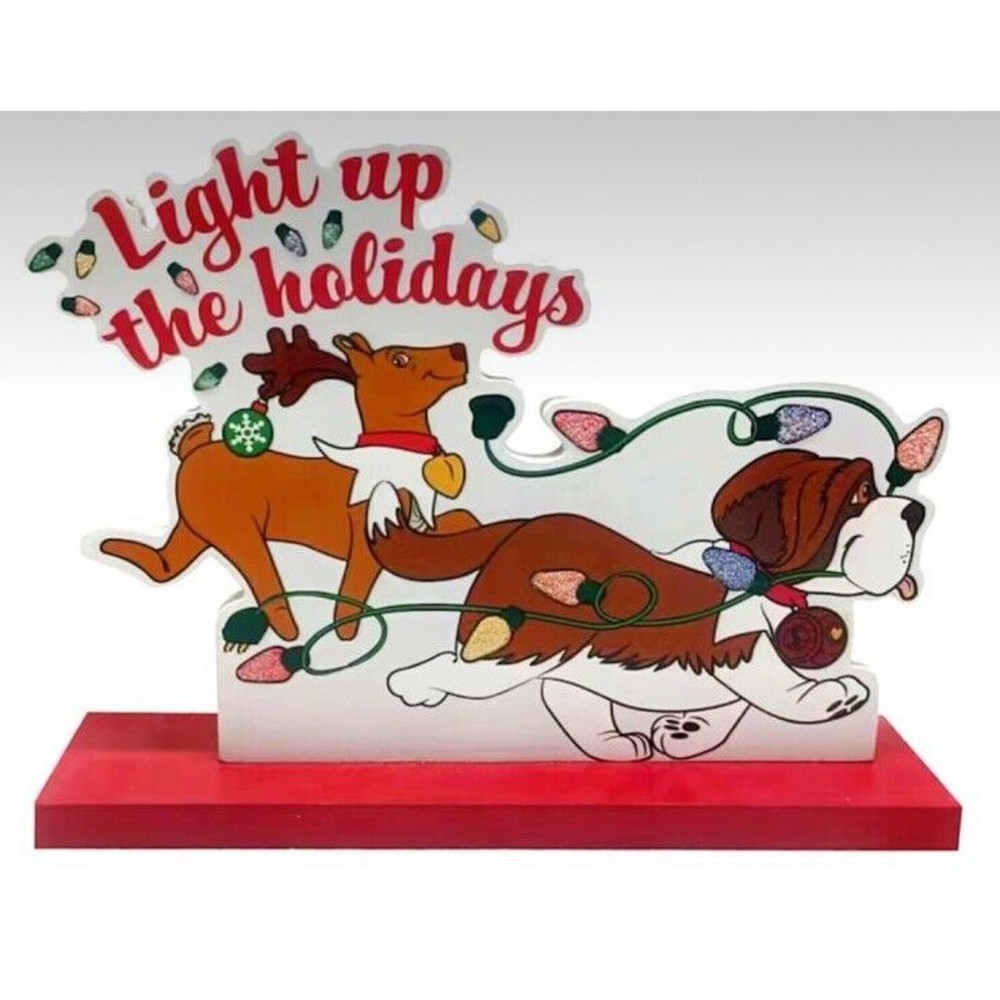 Elf On The Shelf Pets “Light up the Holidays”  St. Bernard + Reindeer wood sign
